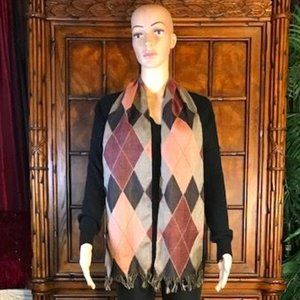 Vintage New Wool Argyle Cooper Neutrals Fringe Scarf